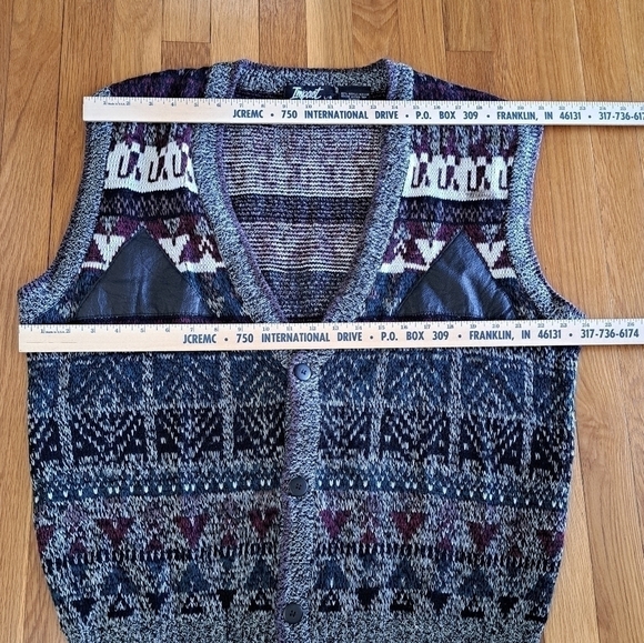 Vintage Impact Men's Sweater Vest 80's Leather Patches Geometric Grunge V-neck L - Picture 8 of 8